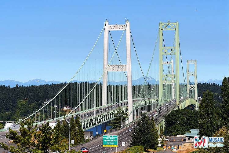 A scenic view of the iconic Tacoma Narrows Bridge spanning over lush greenery and a clear blue sky in Tacoma, WA. The bridge represents a key landmark and gateway, highlighting the appeal of living in Tacoma WA and exploring its real estate opportunities. The Mosaic Real Estate logo is visible in the corner, emphasizing the expertise of Ruthy Taylor, a Tacoma WA Realtor.