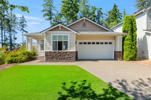 Front exterior of the updated single-level home on Lanyard Drive NE in Lacey, Washington.