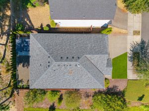 Aerial roof exterior of the updated single-level home on Lanyard Drive NE in Lacey, Washington.